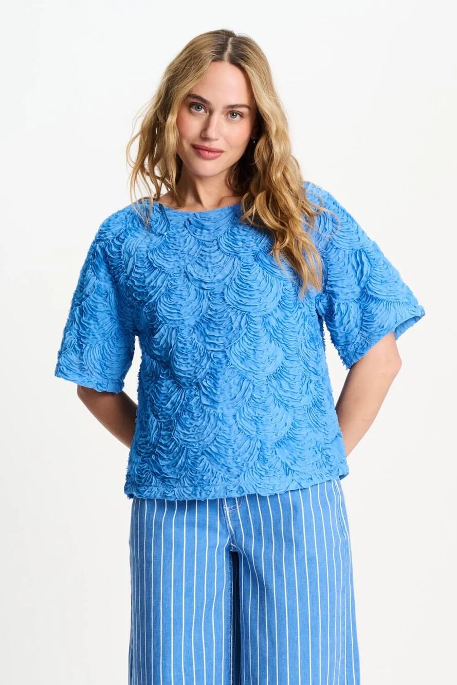 POM Amsterdam Flora 3D Textured Short Sleeve Blouse Smashing Blue Womens 42 NWT